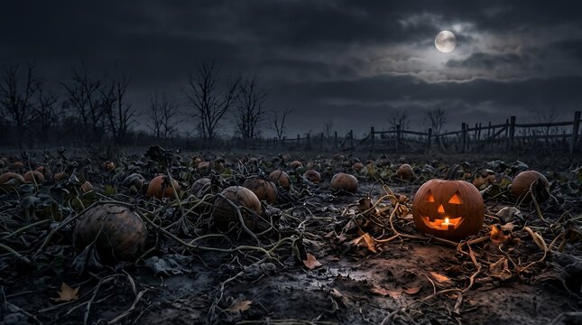 Spooky Moonlit Pumpkin Patch with Glowing Jack O Lantern, Halloween Night and Fall Background Images