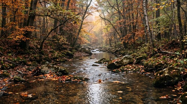 Autumn Forest Creek Flowing Through Golden Leaves and Mossy Rocks, Nature and Fall Background Images