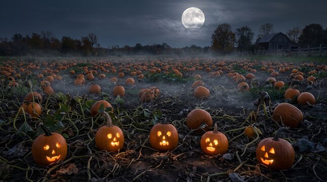 Glowing Jack O Lanterns in a Moonlit Pumpkin Patch, Spooky Halloween Night and Fall Background Images