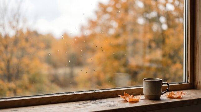 Cozy Autumn Window with Coffee Mug and Golden Trees, Warm Lifestyle and Fall Background Images