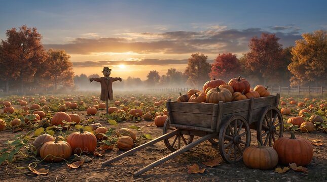 Pumpkin Harvest Cart and Scarecrow at Golden Autumn Sunset, Rustic Farm and Fall Background Images