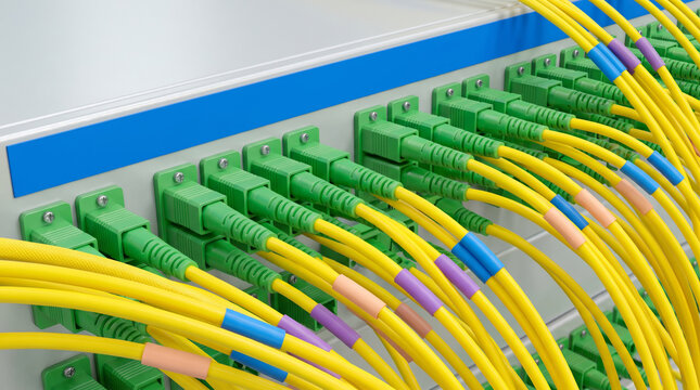 Network cable optical switch fiber patch panel connectors data center server rack telecommunication. Datacenter server system. telecom communication connection, fiber ethernet wire, broadband speed