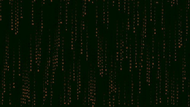 Digital rain of orange code symbols falling on dark background futuristic technology motion footage.