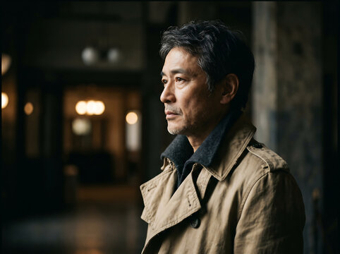 Pensive and dignified middle-aged Asian man in a stylish trench coat, with a thoughtful gaze, captured in a dramatic indoor portrait, reflecting on life's profound moments