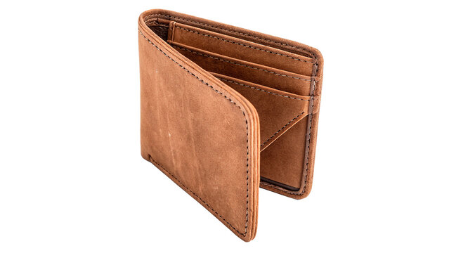Opened elegant brown leather bi-fold wallet classic mens personal finance accessory isolated on transparent background.