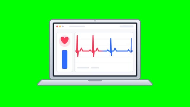 Animated laptop showing medical heart rate graph and emergency alert