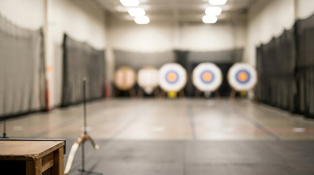 Indoor archery targets aligned on gray shooting range floor