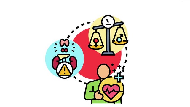 Weight wellness concept depicting gender balance on a scale, endocrine system health with a warning sign, and a person holding a heart health icon, overall well being