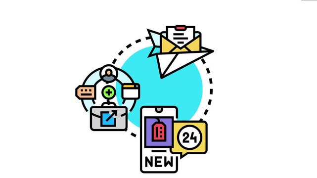 Digital content distribution concept with a paper airplane sending an email, alongside a smartphone displaying new promotions and a network of user profiles and business tools for effective reach