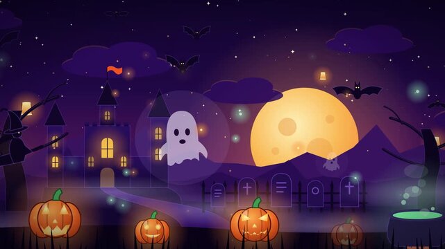 Happy Halloween Spooky Night Landscape Illustration Witch Ghost Pumpkin