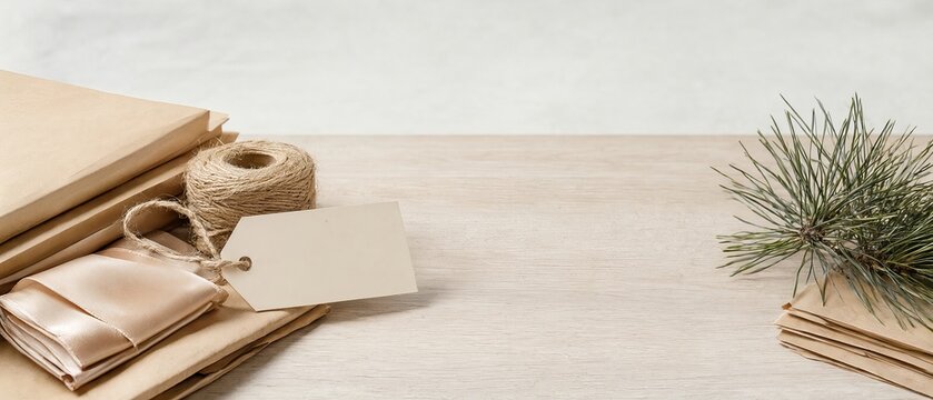 Minimalist Holiday Flatlay With Blank Label. Kraft Paper, Twine And Pine Needles On Wooden Desk.