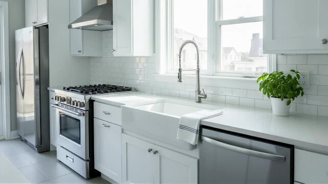 Modern white kitchen interior with stainless steel appliances and farmhouse sink. Interior design background. Residential kitchen mockup. Clean contemporary home decor.