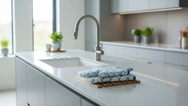 Modern white kitchen with sink, faucet and folded towels on island. Contemporary interior design. Clean home decor background. Minimalist kitchen mockup with copy space.