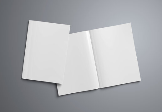 Magazine cover and open magazine mockup on isolated grey background. 3D rendering