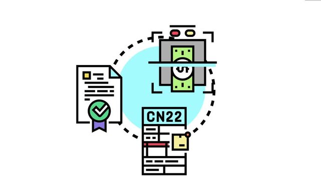 Documents with a certified stamp. A money bill being scanned. And a customs declaration form
