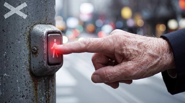 Hand pressing illuminated pedestrian crossing button on city street. Urban mobility and road safety. Accessible pedestrian signal, traffic control. Close-up of street crossing interaction.