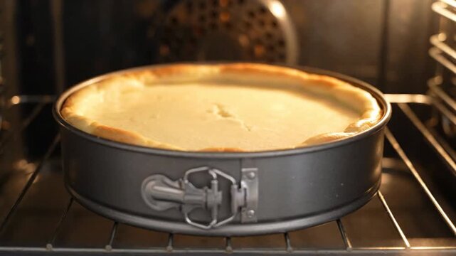 Cheesecake baking and rising inside the oven