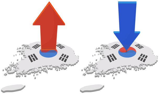 3D illustration of South Korea economic growth vs recession and market trends with red up arrow and blue down arrow on national flag state maps (cut out)