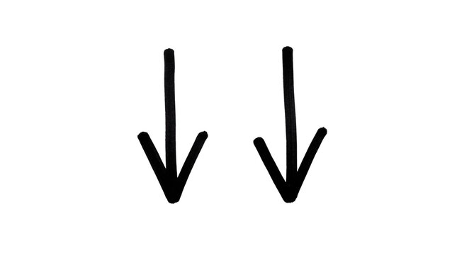 Hand Drawn Minimalist Double Black Arrows Pointing Downward for Navigation and Web Design.