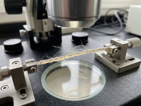textile fiber microscope view Microscope analyzing fine fibers stretched over a petri dish in a lab.