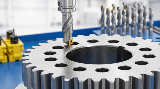 CNC milling drill bit precision machining large steel gear sprocket in modern workshop