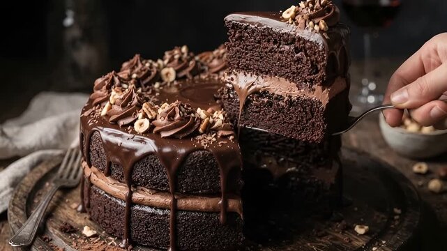 Person Lifting a Slice of Decadent Chocolate Hazelnut Cake at Home