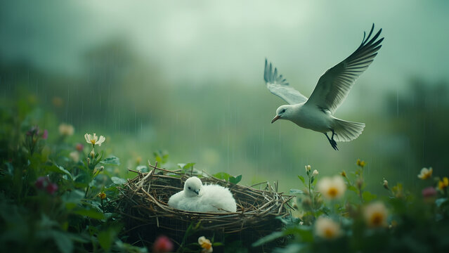 White Bird Flying to Chick in Nest During Gentle Rain   