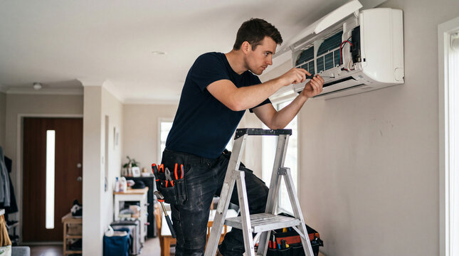 Young HVAC technician using tools to fix a split air conditioner while standing on a stepladder.