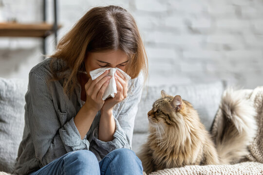 A young woman in a shirt and jeans sits on a couch holding a napkin to her nose. She sneezes while petting her cat beside her. The background is light