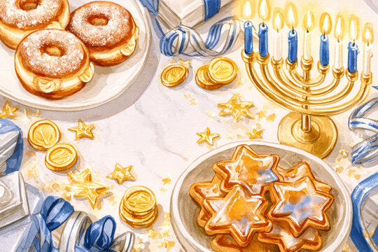 Hanukkah decorations are arranged on a marble background. A gold menorah with blue and white candles stands on the right with treats and gifts around