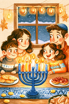 A family of four enjoys Hanukkah by a decorated table with a blue menorah and treats like latkes and doughnuts while snow falls outside