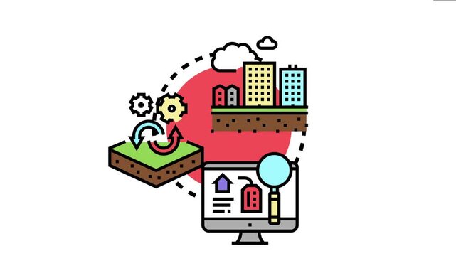 Property zoning and urban development planning concept showing land allocation, building construction, and digital research process for real estate projects