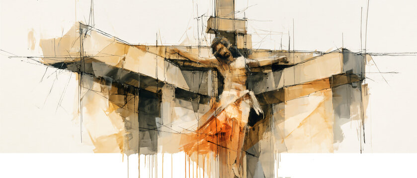 Jesus on the cross in an abstract style with geometric shapes and color contrasts. The piece emphasizes a dramatic moment in a unique way