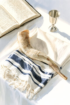 Objects include a folded tallit, a silver cup, a shofar, and an open book. Scene is set on a white tablecloth with soft lighting