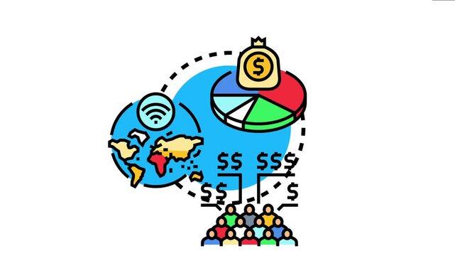 Proportional data distribution concept showing financial resources allocated across a global network, reaching diverse users, and representing fair sharing and statistical analysis