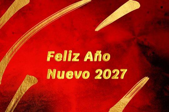 Fondo de Feliz A&ntilde;o Nuevo 2027 con letras doradas sobre textura roja y detalles dorados elegantes