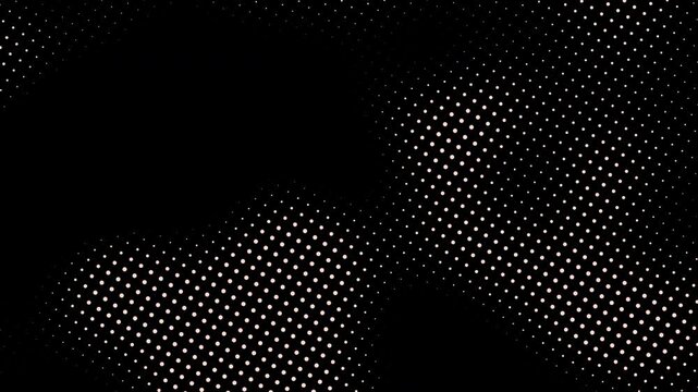 Abstract monochrome halftone pattern with moving white dots on black background cinematic footage.