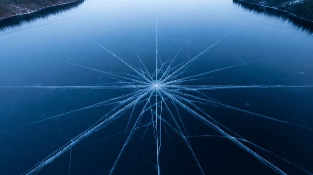 Stunning high-angle aerial view of a frozen lake with dramatic geometric ice cracks spreading out from a central point, creating a mesmerizing winter pattern across the dark blue surface
