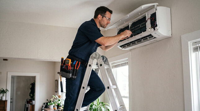 Professional male repairman servicing an indoor air conditioning system from a sturdy ladder.