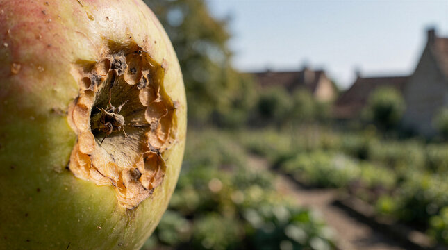 Codling moth cydia pomonella damage on ripening apple showing frass plugged entry hole and tunnel in orchard