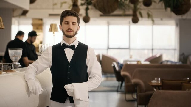 Portrait of young adult Caucasian waiter standing by bar in restaurant holding napkin. Useful for hospitality industry training, luxury dining advertising and catering service marketing