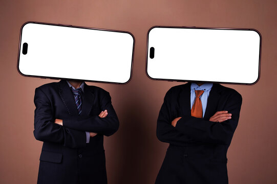 Two Businessmen Standing with Arms Crossed Having Blank Smartphone Screens As Heads