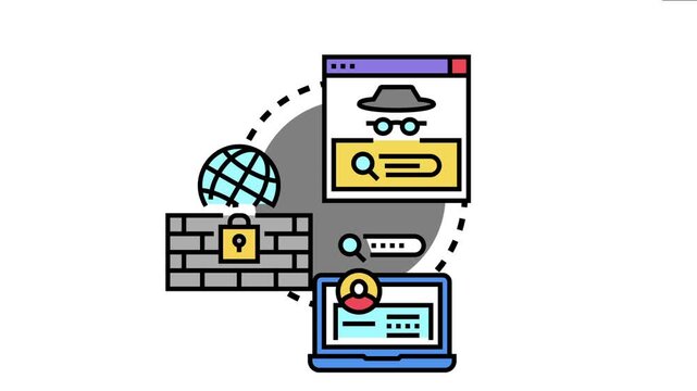 Network security concept presenting a firewall protecting global data access and user authentication processes on a laptop, ensuring secure administrator login