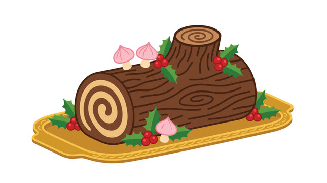 Traditional Christmas yule log cake on golden serving platter
