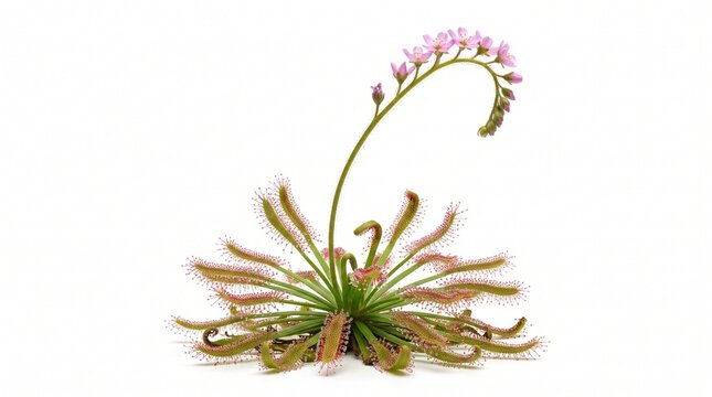 Carnivorous sundew plant with blooming pink flowers, Drosera botanical specimen, exotic insectivorous plant with sticky dew tentacles and floral stem isolated PNG with Transparent Background