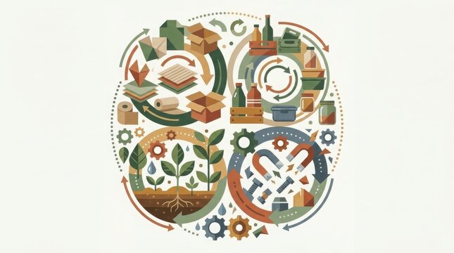 A Circular Economy Infographic Illustrating Sustainable Resource Management and Industrial Recycling Process Cycles
