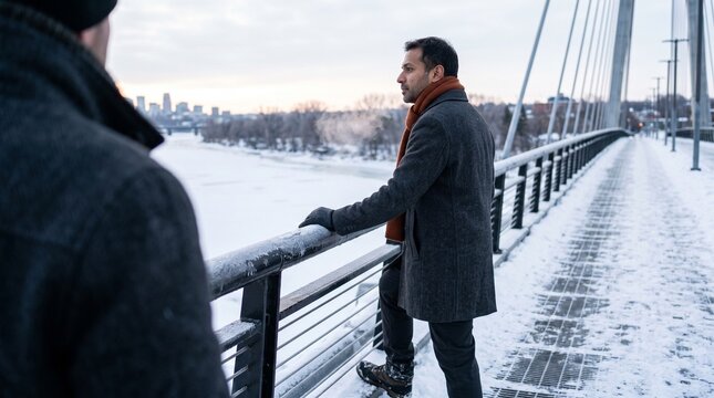 Two men standing on a snow-covered suspension bridge in winter, one looking thoughtfully out over a frozen river with a distant city skyline