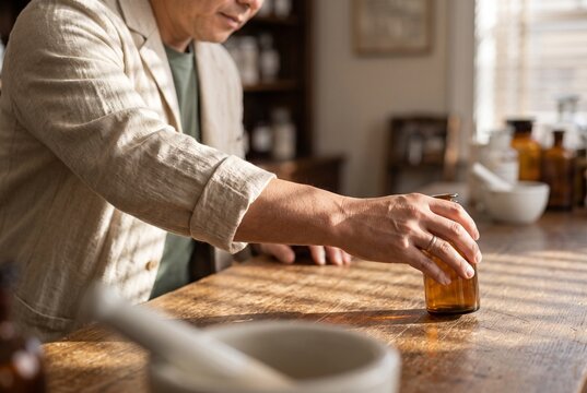 Unrecognizable male herbalist reaching for an amber glass bottle on a rustic wooden counter in a sunlit apothecary shop
