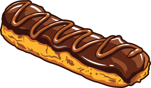 Delicious chocolate eclair pastry vector illustration. Flat design French dessert food icon isolated on white background.