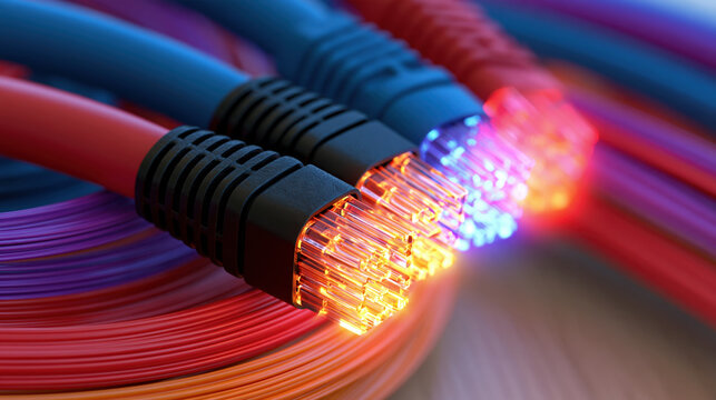 Fiber optic cable data transmission network cable glowing connector digital connection internet network technology background close up multicolor cable high speed data optical fiber communication